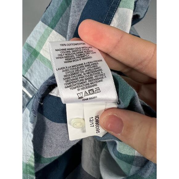 Men's Express Slim fit Soft wash blue white and green button up plaid shirt - Picture 6 of 8